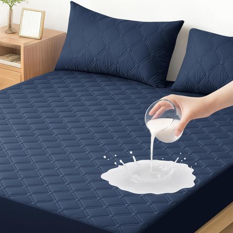 Waterproof Mattress Protector 90 x 190 cm, Anti-Dust Mite Mattress Protector Up to 30 cm Corner, Washable Quilted Mattress Protector, Elastic Mattress Protector All Around, Dark Blue (1/5)