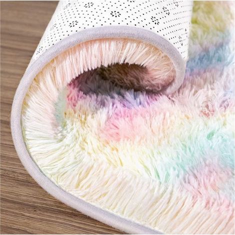 Tapis pour chambre à coucher pour filles, chambre d'enfants, luxueux, moelleux, super doux, motif arc-en-ciel, 80 x 160 cm (1/4)