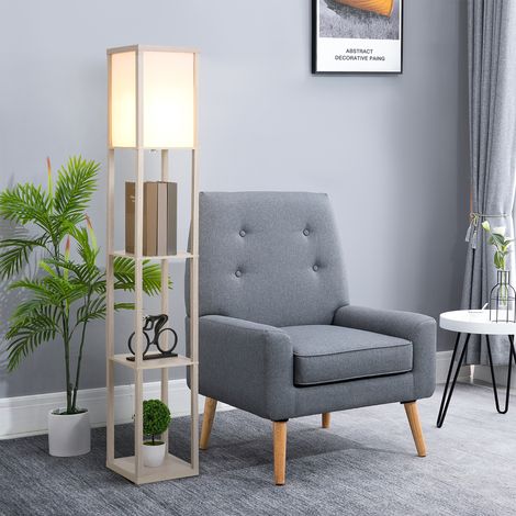Stehlampe mit Ablage, 26 x 26 x 160 cm (L x B x H), 3 Ablagen, 4 Ebenen, MDF, hellgrau
