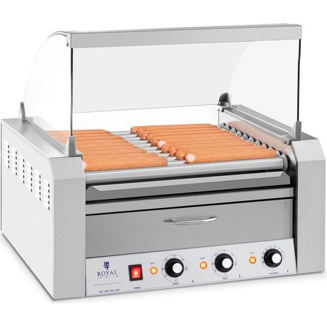 Royal Catering – Grill à rouleaux pour 20 saucisses – Couvercle et tiroir chauffant – 2600W 230V – Préparation rapide de hot-dogs