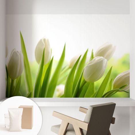 Papier peint décoratif avec colle pour salon, chambre à coucher et bureau – Design moderne et facile à poser Tulipes blanches 104x70 cm (1/5)