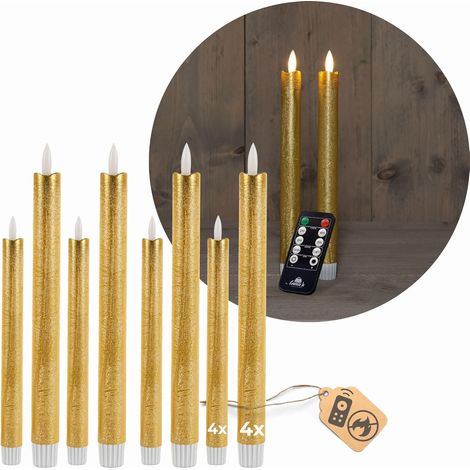 Coffret rentable bougies coniques LED avec minuterie petite + grande OR 8 pièces OR intérieur - 6 heures - VRAIE CIRE 18cm + 23cm hauteur pour