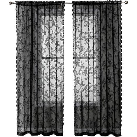 Rideaux en dentelle noire, motif floral style campagne vintage, voiles noirs filtrant la lumière pour salon (Lot de 2) — Noir, 100 x 200 cm (1/5)