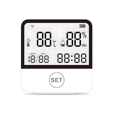 Thermomètre hygromètre WiFi avec horloge LCD sans fil pour chambre à coucher, cuisine, chambre de bébé, à piles, placement facile, (1/5)