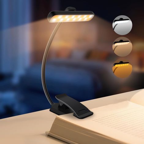 24 LED Reading Lamp, 315° Rotating Bed Reading Light, Rechargeable Clip-on Reading Light, 5 Brightness Levels and 3 Colors, 360° Flexible Neck, Long Working Time for Reading in Bed, Black (1/5)