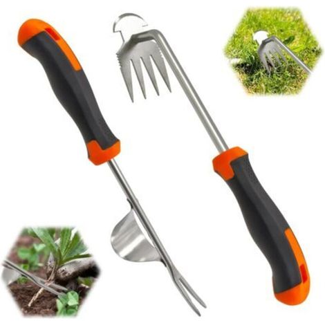 Unkrautstecher aus Edelstahl, 2-teiliges Set, manuelles Unkrautentfernungswerkzeug mit Gummigriff, Gartenwerkzeug zum Ausstechen von Unkraut