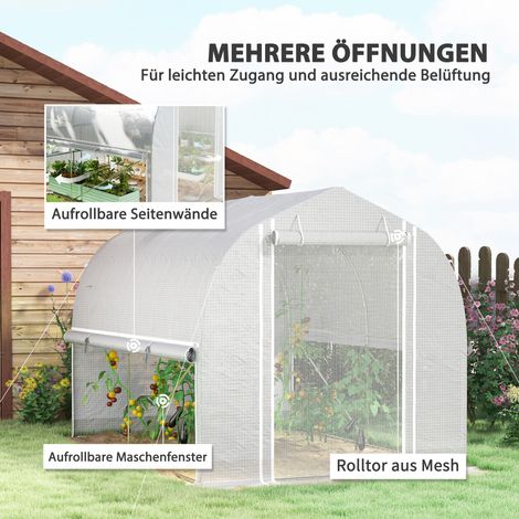 Serre tunnel 3x2x2 m avec parois latérales enroulables, bâche plastique anti-UV, armature acier, blanche