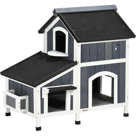 Casa para gatos de exterior de madera, 2 niveles, techo asfáltico, gris, 96x65x85,5 cm (1/5)