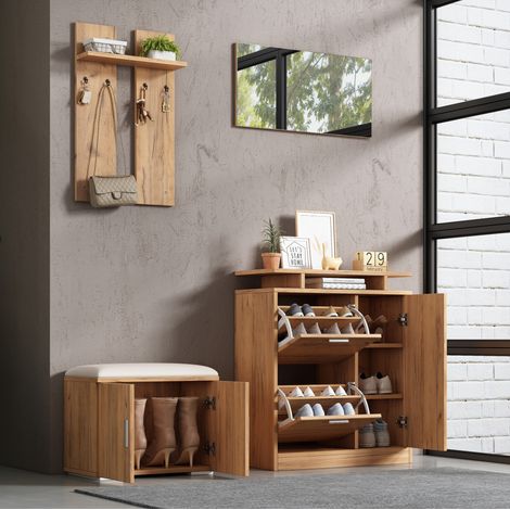 Mobile porta scarpe da ingresso con panca, specchio, ganci, 5 ante, naturale OKMYHOME (1/5)
