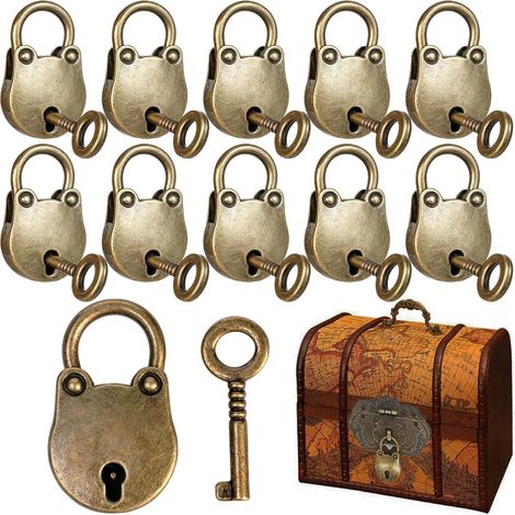 Lot de 10 cadenas archaïques, mini-cadenas à clé, style antique, tête d'ours, en alliage de zinc, avec clé, pour agenda, boîte à bijoux ou valise. (1/5)