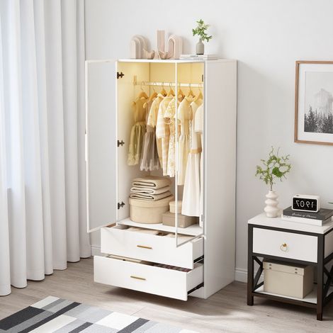 Armoire 2 Portes Blanc 175x80x50 cm Penderie Garde-Robe Avec 2 Boites et LED (1/5)