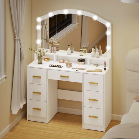 Coiffeuse avec 10 lampes LED style Hollywood, miroir, 7 tiroirs, 3 compartiments, MDF, blanc (1/5)