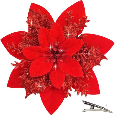 Lot de 20 fleurs de poinsettia artificielles rouges à paillettes avec clips, pour sapin, couronne et guirlande (1/5)