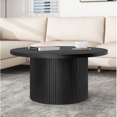 Mesa de centro redonda (90x90x45 cm), de madera maciza y MDF, acabado negro, base de estrías verticales (1/5)