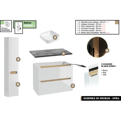 Ensemble complet de salle de bain - Meuble - Plan - Armoires - Miroir - Vasque à poser avec Siphon OFFERT OPRA 80 x 60 x 45 cm (1/5)