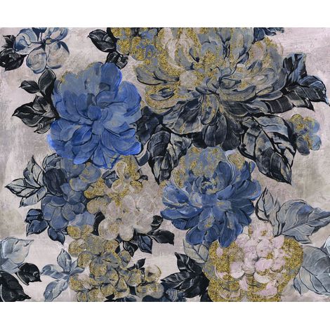 papier peint panoramique des fleurs romantiques bleu, gris et or - Komar (1/3)