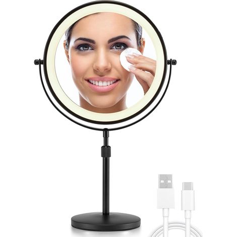 Miroir de Maquillage Grossissant 3X/10X avec Lumières, Miroir de Coiffeuse Rotation Libre Double Face 21 cm avec Support Réglable en Hauteur (Noir) (1/5)