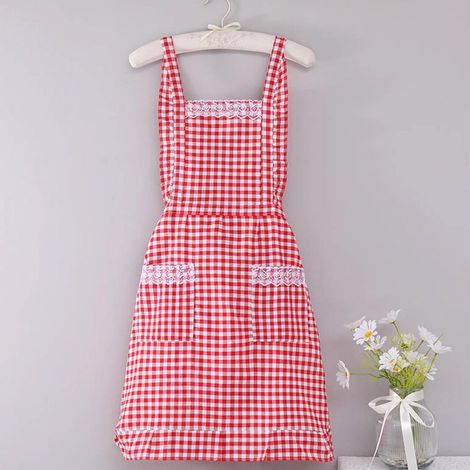 Grembiule bianco in pizzo plissettato, modello da donna, adatto per cucinare, preparare dolci e fare giardinaggio, rosso. (1/4)