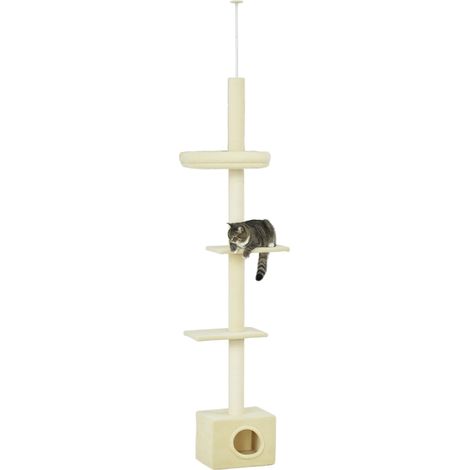 Katzenbaum mit verstellbarem Kratzstamm, 4 Plattformen und integrierter Katzenhöhle, Maße 440 x 31 x 240–270 cm