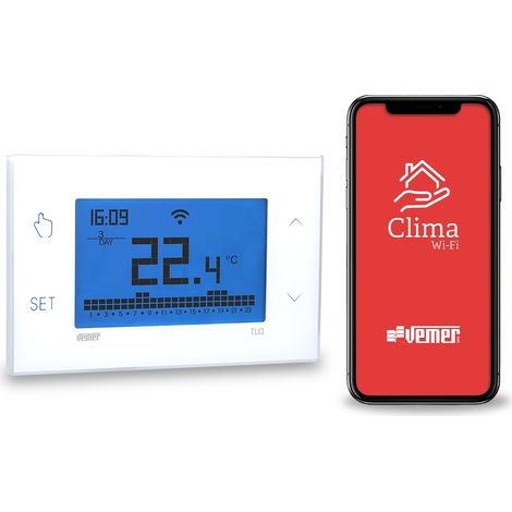 Thermostat connecté WiFi 230V VE785700 – Programmation hebdomadaire – Écran tactile LCD rétro-éclairé – Gestion de chauffage optimisée – Vemer