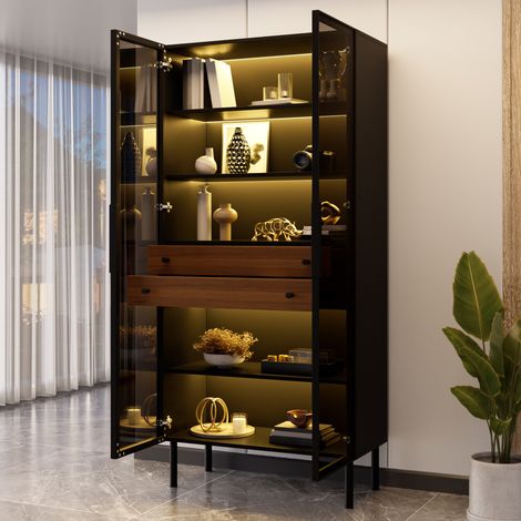 Vitrina con puertas de cristal, iluminación LED controlada por aplicación, 2 cajones, estantes interiores, mueble de almacenamiento independiente para salón, frontal de cristal (1/5)