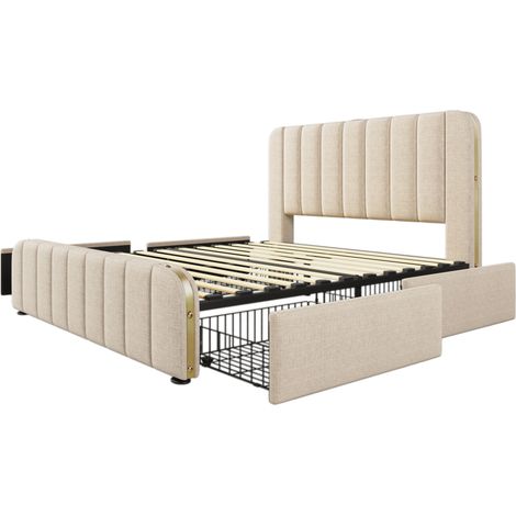Cama doble capitoné 140 x 200 cm de lino beige con 4 cajones y carga USB-C (1/5)