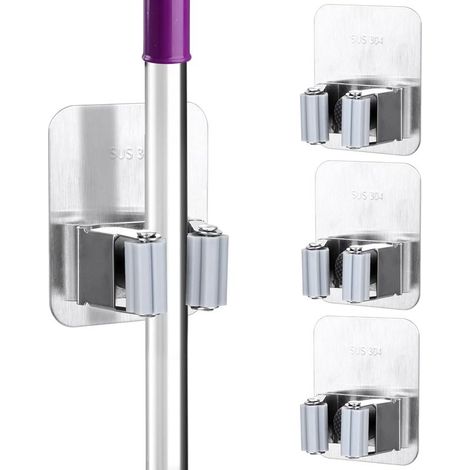 Lot de 3 porte-balais autocollants en acier inoxydable, sans perçage, fixation murale, pour salle de bain, cuisine, bureau, placard, garage, argent (1/5)