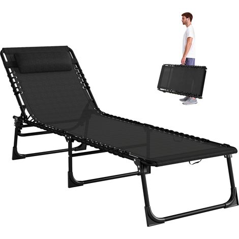 Schwarze, klappbare Sonnenliege 189x58x30cm aus Stahl, mehrfach verstellbare Rückenlehne, elastische Textilene-Bespannung für Komfort im Freien, Gartenliege.