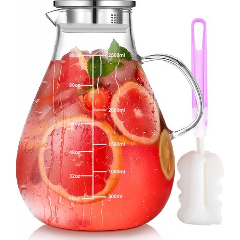 Carafe en verre avec couvercle, 2500 ml, résistant à la chaleur, carafe en verre borosilicate avec tamis, pichet à eau avec brosse de nettoyage pour boissons maison, thé glacé, lait, café, vin, thé (1/5)