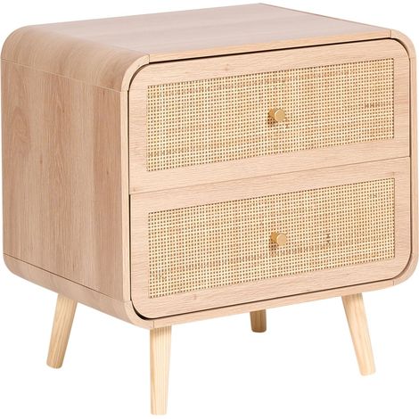 Comodino a 2 cassetti con struttura in legno compensato gambe in legno di pino frontali in vimini e lampada da comodino marrone chiaro (1/5)