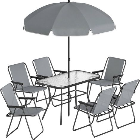 Juego de comedor de exterior de 8 piezas con sombrilla y sillas plegables.