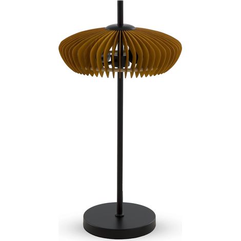 Tischleuchte aus honigfarbenem Sperrholz mit schwarzem Metallfuß (1/3)