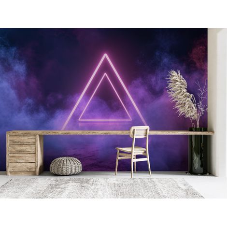 Papier peint géométrique - triangle néon violet et nuages sombres - 300 x 250 cm (1/2)