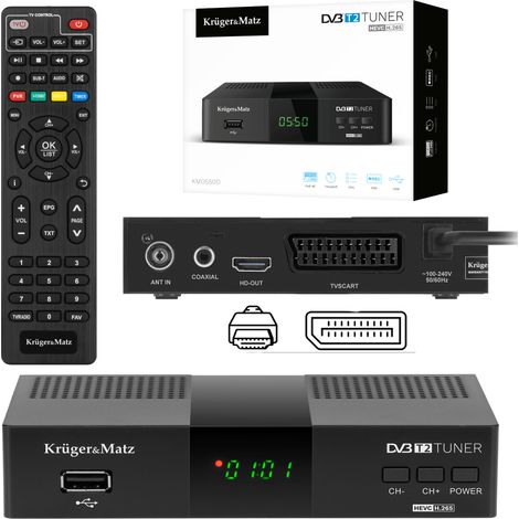 Sintonizador DVB-T2 H.265 HEVC Kruger&Matz HDMI SCART PVR EPG Decodificador USB