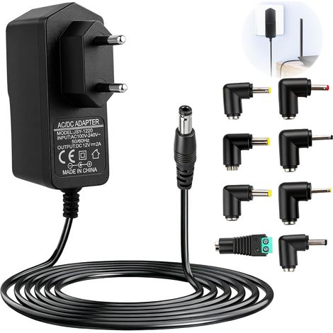 Adaptateur Secteur 12V 2A Universel, Alimentation Transformateur 220V vers 12V AC DC avec 8 Connecteurs Chargeur 24W pour Bande LED Routeur Caméra CCTV Haut Parleurs Bandes et Appareils Électroniques (1/5)