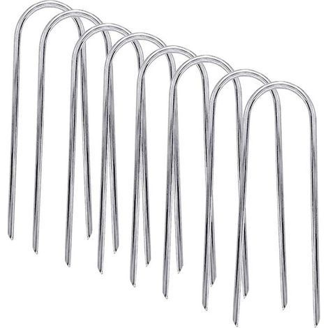 Set aus 8 robusten, U-förmigen Sicherheitsheringen aus verzinktem Stahl mit spitzen Enden für Trampoline, Fußballtore, Campingzelte und Gartendekoration. (1/5)