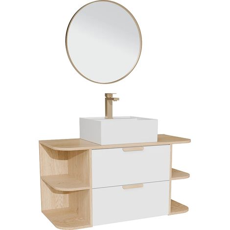Meuble de salle de bain suspendu avec niches, vasque à poser carrée, robinet et miroir – Blanc et naturel clair – L100 cm – AVORELI (1/5)