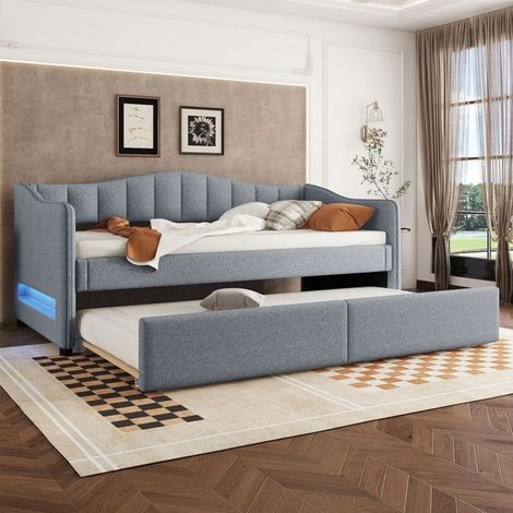 lit gigogne 90x200, multifonction canapé gigogne, LED multicolore, tissu lin moderne, structure MDF robuste (1/5)