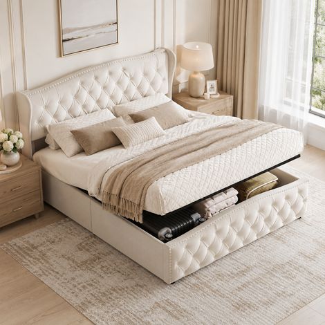 Lit Coffre 140x190 cm avec Sommier, Lit double rembourré avec hydraulique Rangement et Tête de lit, Lit 2 Personnes pour Adultes et Adolescents, Velours, Beige (1/5)