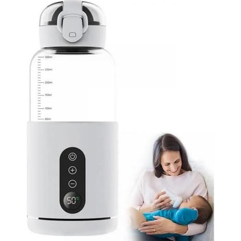 Tragbarer Flaschenwärmer, 300 ml, kabellos, mit eingebautem Thermostat, ideal für Reisen, Auto und Flugzeug, weiß. (1/4)