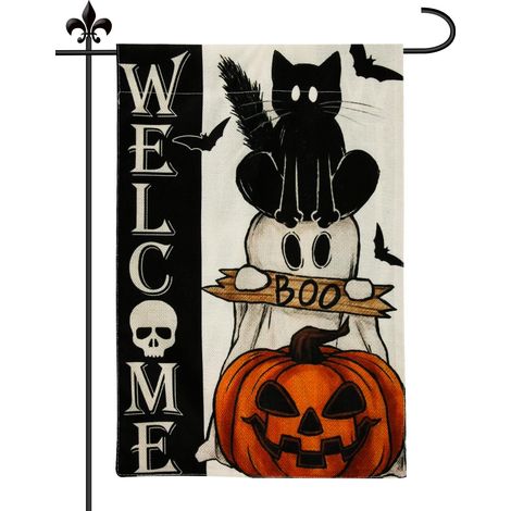 CCYKXA Halloween-Banner, doppelseitige Gartenflagge, 30 x 45 cm, gruselige Katze, Kürbis, Halloween-Gartenflagge, Flagge für Halloween, Innen- und Außendekoration