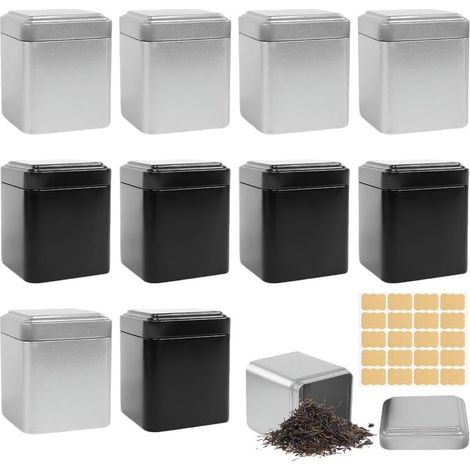 Lot de 10 boîtes à thé carrées classiques, 7 x 7 x 8,5 cm, pour thé en vrac, comprenant 20 étiquettes, ensemble de boîtes à thé en métal anti-arômes, rangement pour thé, café et sucre (noir et argent)