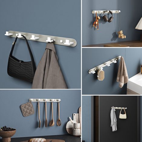 doporro Garderobenhaken & Kleiderhaken Wand mit 5 Haken, Selbstklebend Hakenleiste Garderobe für Flur, Schlafzimmer & Badezimmer Jacken, Handtücher Matt Weiß/Nickel Gebürstet Stalo-09