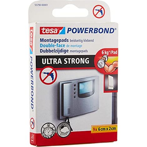 tesa Powerbond Ultra Strong - tamponi bifacciali per l'installazione in interni e in esterni protetti - adesivo ultraresistente su entrambi i lati - confezione con 9 tamponi (1/4)