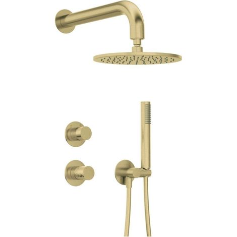 Set miscelatore doccia a incasso verticale con doccetta e soffione oro spazzolato - Hexo