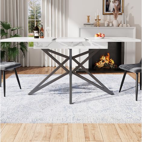 Tavolo da pranzo 120/160x80x76 cm bianco in MDF e metallo con piano effetto marmo, allungabile e gambe a stella