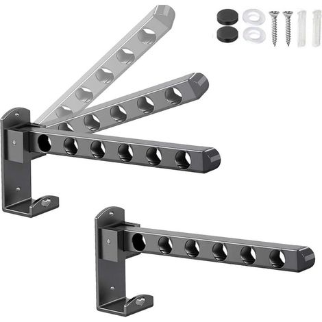 2 pièces Porte-vêtements pliable, 6 trous, avec vis de fixation, Porte cintre mural, Crochets muraux pliables, Cintre mural support de séchage, Crochets pliants, convient aux chambres, balcons (Noir) (1/5)