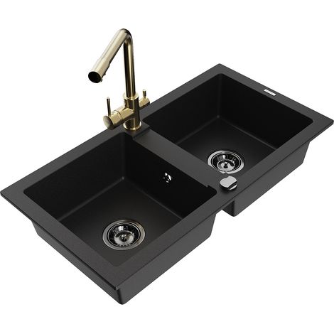 Mexen Mario 2-Becken-Granitspüle mit Mischbatterie Duero, Schwarz - 6504-77-671600-50-B