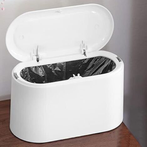 White, Small Tabletop Trash Can with Push-Button Lid, White Desktop Bin, Mini Plastic Table Waste Bin, Portable Kitchen Table Bin for Dressing Table, Bedroom, Counter (1/5)