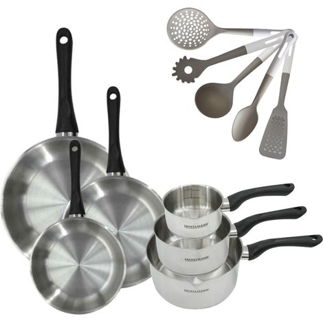 Lot de 3 poêles 20/24/28 cm et 3 casseroles 12/16/20 cm Fackelmann Geneva avec 5 ustensiles de cuisine (1/5)